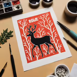 a paper print on a table surrounded by paint supplies