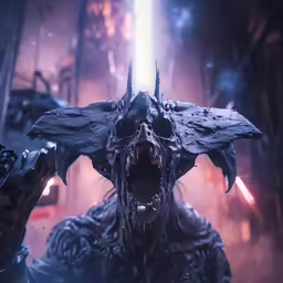 the alien man in the dark space has sharp teeth