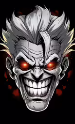 a creepy clown with his eyes open and hair blown back