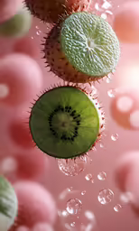 a bunch of fruits that are cut in half
