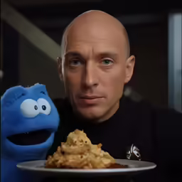 the sesame street character poses with a plate of waffles
