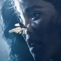 woman looking at moth on her face