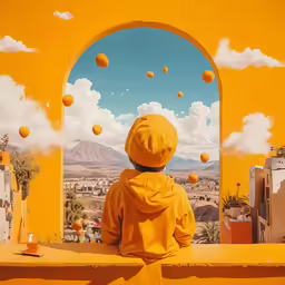a person standing in front of an arched window, looking at the orange sky