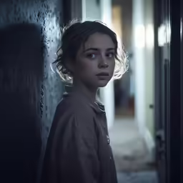 a young girl stands against the wall in a hallway