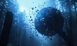 rain drops flying in a forest area with dark blue hues
