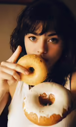 the woman is eating a giant frosted donut