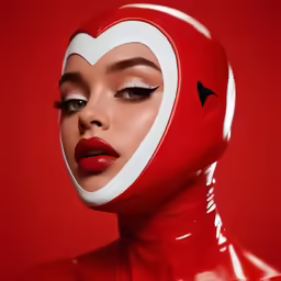 a woman wearing a latex mask and red lipstick