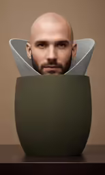 a bald headed man with a knife in his head