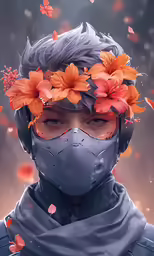 a boy with flowers in his head is wearing a mask