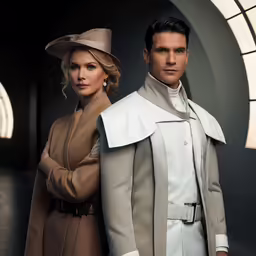 a man and woman wearing coats standing in front of a tunnel