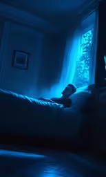 a person sits in the middle of a bedroom while watching tv