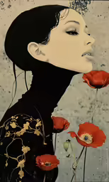 a woman in black with red flowers on her neck