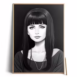 a woman with black hair and bangs is seen in a picture frame