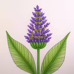 the drawing shows the delicate purple flower with green leaves,a drawing of a lavender flower with leaves