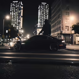a man standing on top of a car in the middle of a street at night