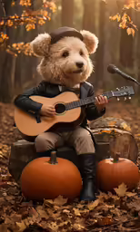 a teddy bear is playing the guitar while wearing a hat and holding an amp