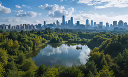 a lake surrounded by trees near a large city