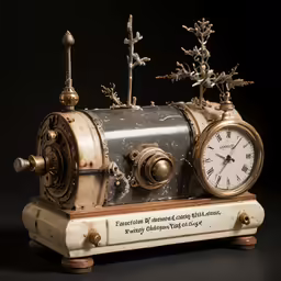 antique steam engine clock on display in the dark