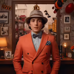 the man wears an orange jacket, bow tie and grey hat