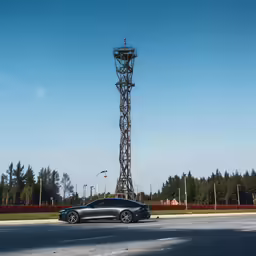 a car is parked at a tall tower on the road