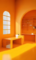 this living room is all orange and has no one in it