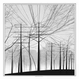 an abstract black and white image with lots of trees and wires