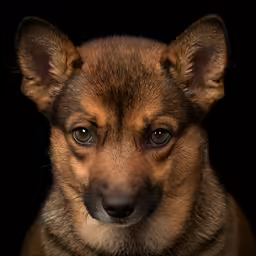 a small dog that is standing in the dark