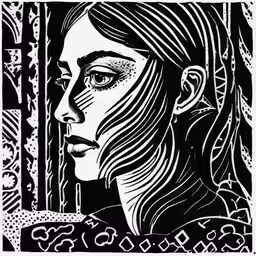 a black and white drawing of a woman with long hair