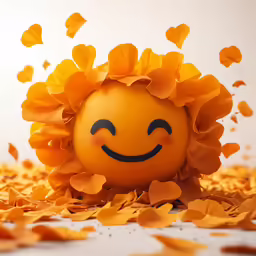 a smiling ball in a pile of flowers
