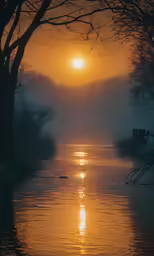 the sun is setting over the water at the river