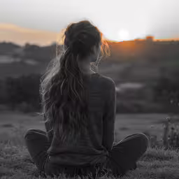 a woman sitting in a field looking at the sunset,the girl is sitting in a field with her hair blowing