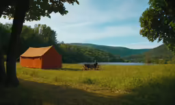 a man sitting on a wagon by a tent and a cow in a field