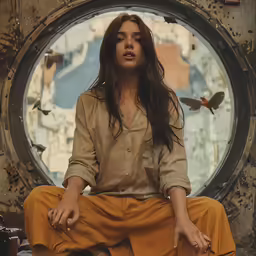 a woman sitting down in front of a round window