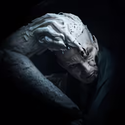 an odd looking creepy man holding something in his hands