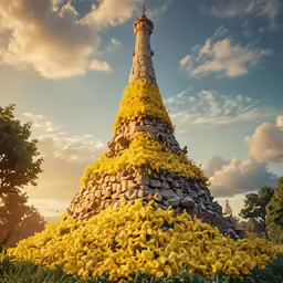a very large tower with banana all over it