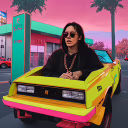 a woman in a car with a necklace in front of a gas station,a man in sunglasses driving a car that looks like a truck
