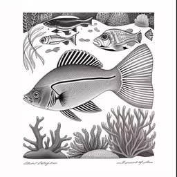 a fish and other fishes are shown in a frame,the fish is swimming in the water,a black and white photo with various sea life,an image of various sea life on the water,black and white image of fish swimming on seaweed