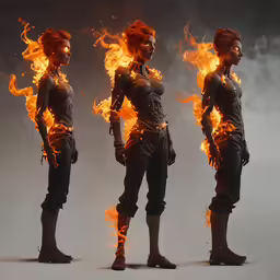 three different poses are depicted in fire