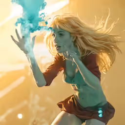 a beautiful blonde in a bikini playing with blue smoke