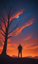 a man standing in front of a tree with a star filled sky above him