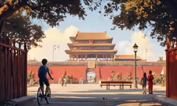a boy riding a bike near a gate to an asian palace