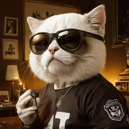 a cat wearing sunglasses while holding a pen
