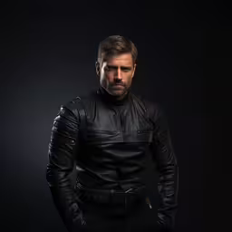 the man is wearing a black leather jacket,a man in a black leather jacket with his arms on his hips