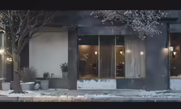 there is a snow covered sidewalk in front of a building