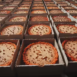 a long table with trays of food that are being sold