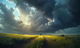 a lone person standing on a dirt road in the middle of a field