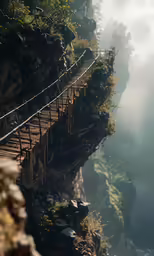 a walkway built to the side of a mountain next to trees