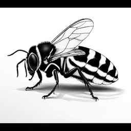 a close up view of a black and white insect on a white background
