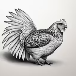 an illustration of a black and white rooster with feathers spread out