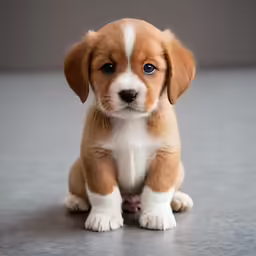 a puppy is sitting down on a concrete surface
